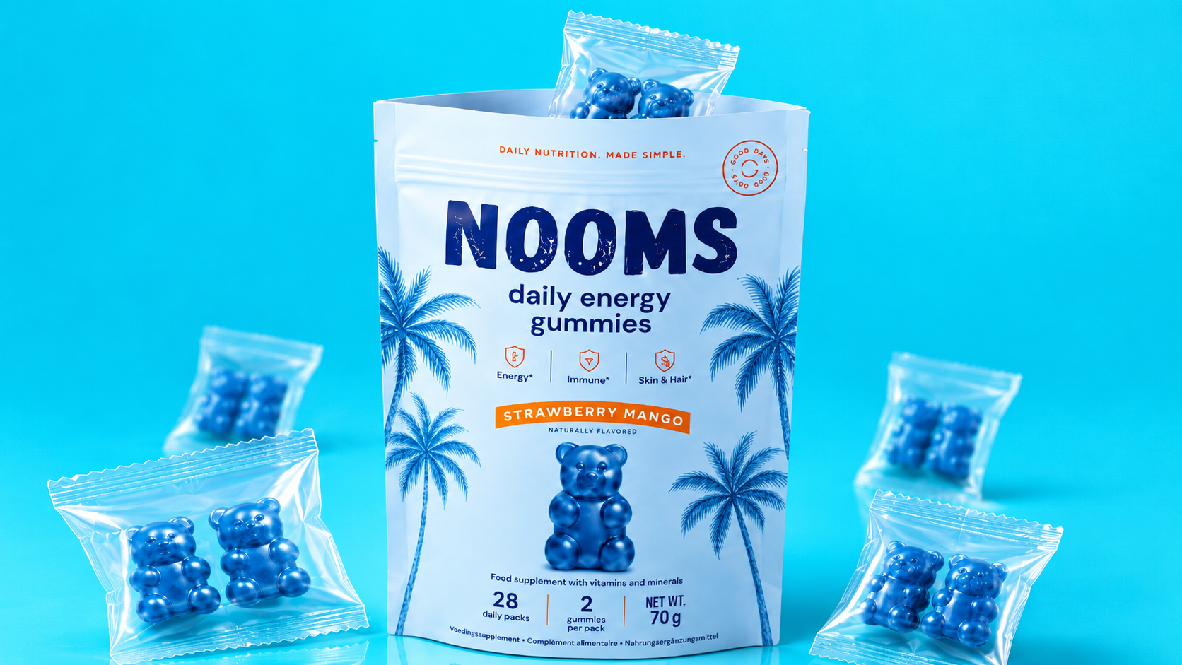 NOOMS pouch with single-serve sachets, each containing 2 blue gummy bears
